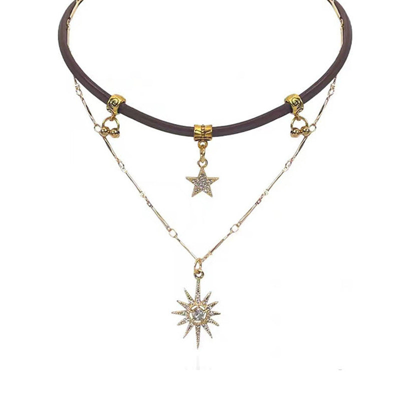 Sweet and cool hottie ~ double stacked wearing sunflower brown leather necklace female choker niche design clavicle necklace