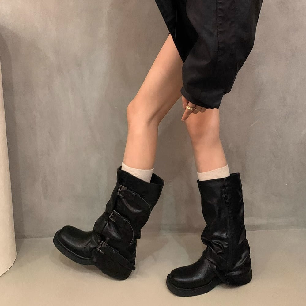 Niche vintage block heel mid-height boots, western cowboy pile boots, rider boots, early fall martin boots, French women's boots