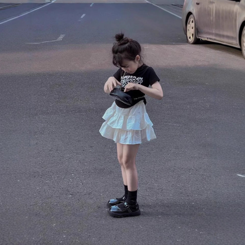Girls Summer Suit 2025 New Foreign Style Kids Short Sleeve T-Shirt Girls Fashionable Cake Skirt Two Piece Summer Dress