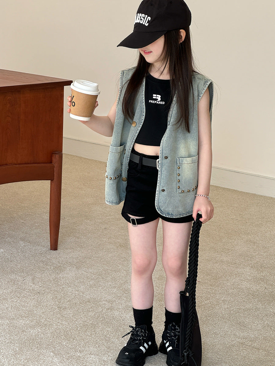 No refund or exchange Girls' summer thin studded vest denim jacket Children's Korean version mid-length sleeveless vest