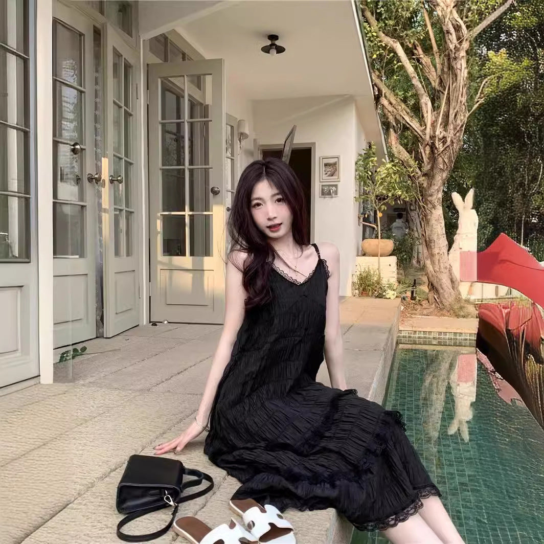 Sweet age reduction white french slip dress women's summer resort style small man loose cake long skirt