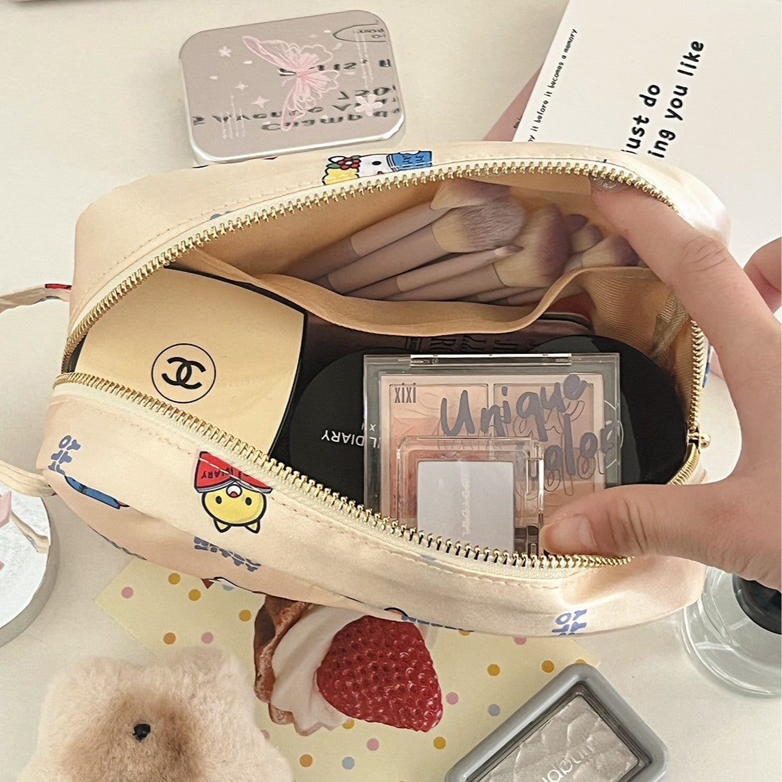Satin kt cat makeup bag cute cartoon beige print storage bag for travel portable toiletry bag