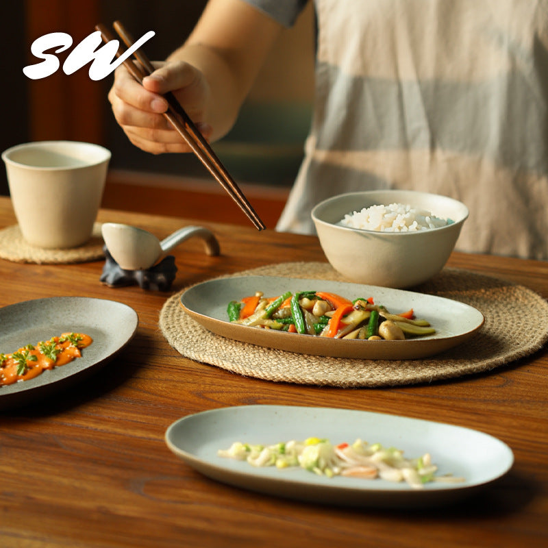 Sanmist Vintage Flat Plate Ceramic Oval Plate Creative Home Premium Vegetable Plate Fish Plate Restaurant Steak Tableware
