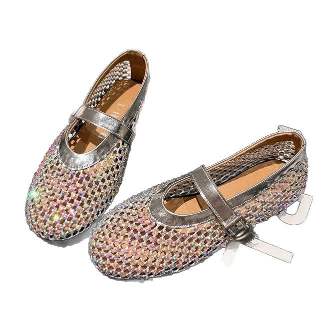 European station rhinestone line Mary Jane cut-out mesh ballet shoes fishnet shoes single shoes loafers boat shoes women's shoes