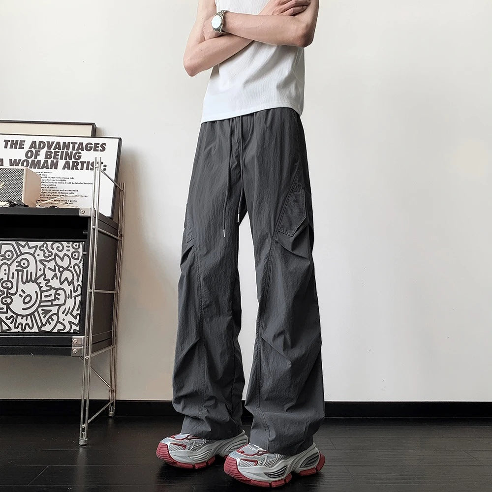 Summer thin casual ice silk cargo pants men's trend design sense is versatile, loose and breathable, American high street trousers
