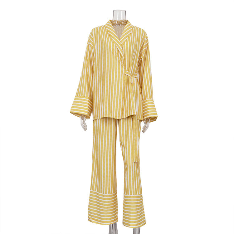 European and American women's clothing 2025 autumn new striped long sleeve loose lace-up top, high waist trousers, fashion casual suit