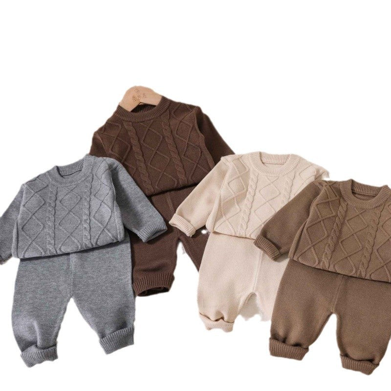 Knitted woolen set for boys and girls vintage cable craft 2024 autumn winter baby Korean sweater knitted trouser cover