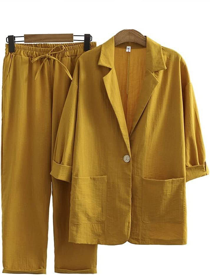 2025 European and American New Women's Autumn Commuter Suits Cotton and Linen Jacket Pants Pockets Loose Fashion Casual Wear