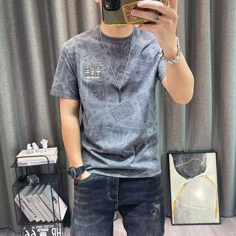 Short Sleeve Men's Short Sleeve T-Shirt New Trend Men's All-Over Printed Casual Top, Teen Fashion Brand T-shirt, Base Shirt