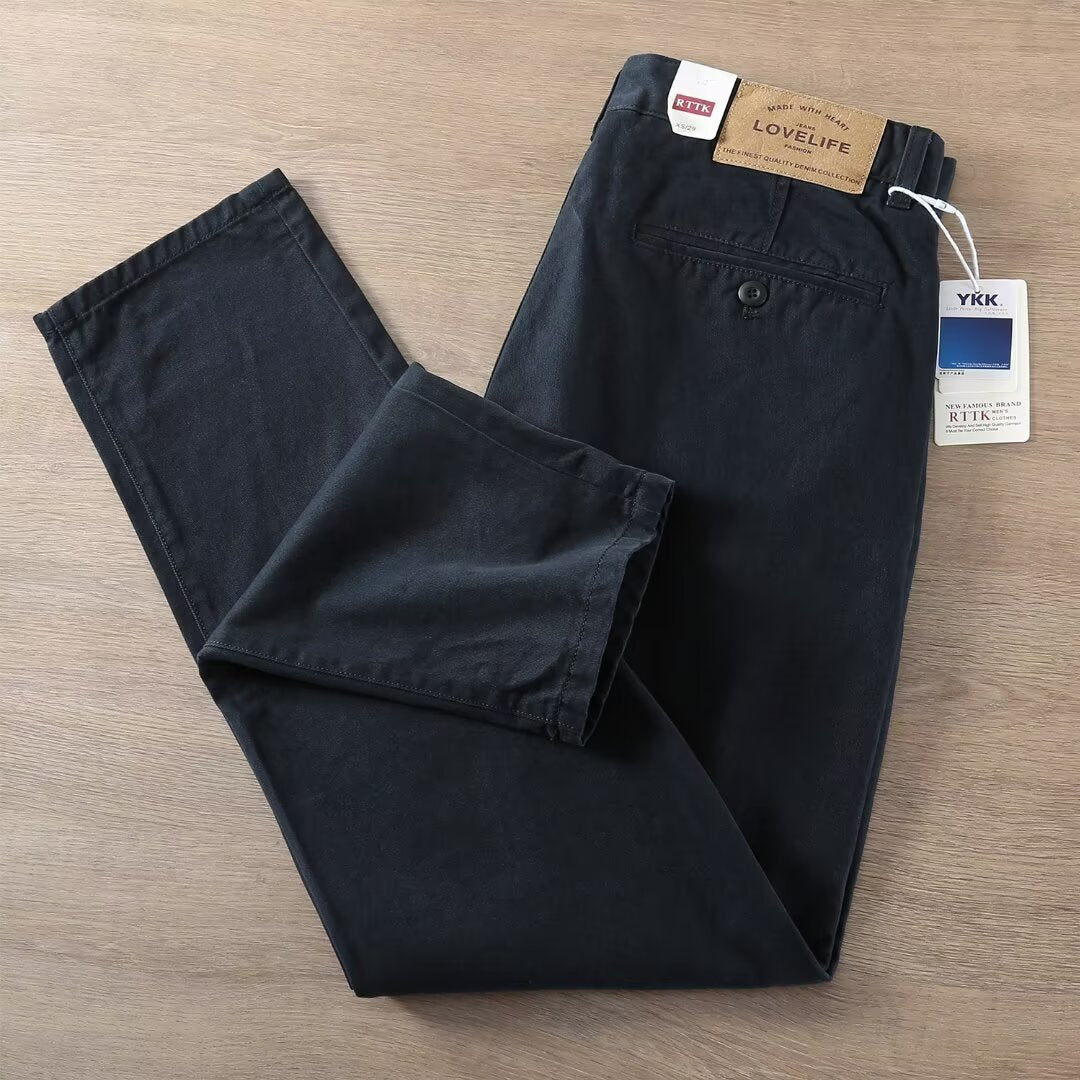 Thick heavy casual trousers men's spring and autumn cotton slim small straight pants American stiff wash men's pants tide