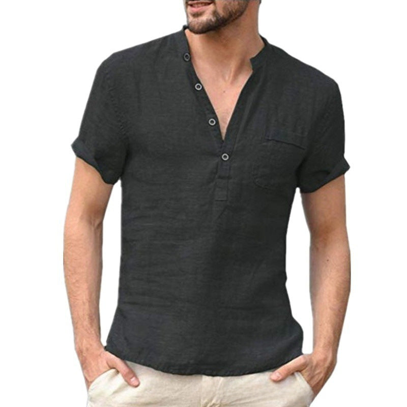 European and American hot sale men's solid color stand-up collar semi-open thin short-sleeved shirt tops foreign trade men's clothing