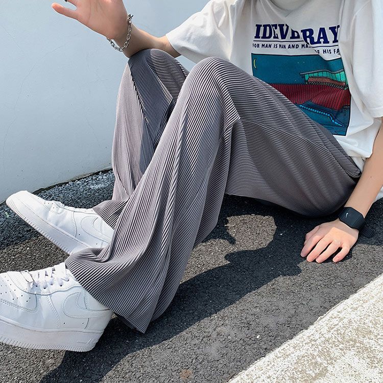 Casual pants men's summer ice silk stripe ultra-thin breathable sports stretch loose straight drape feeling wide-leg trousers