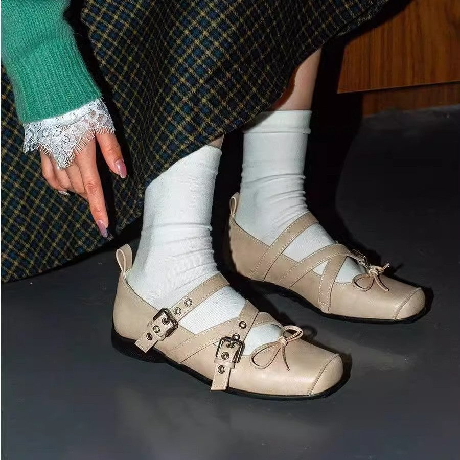 Cowhide version cross belt buckle casual sports sole ballet shoes women's flat pignose bow Mary Jane single shoes