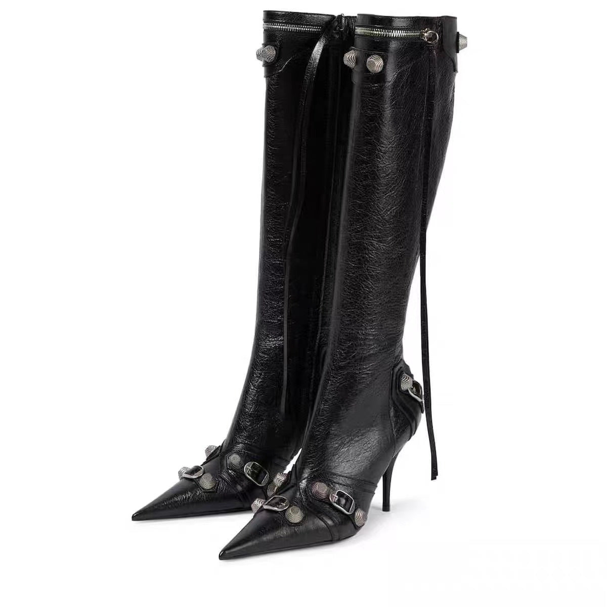 European and American new pointed toe thin heel metal rivet motorcycle catwalk women's boots belt buckle tassel plus size knight fashion boots