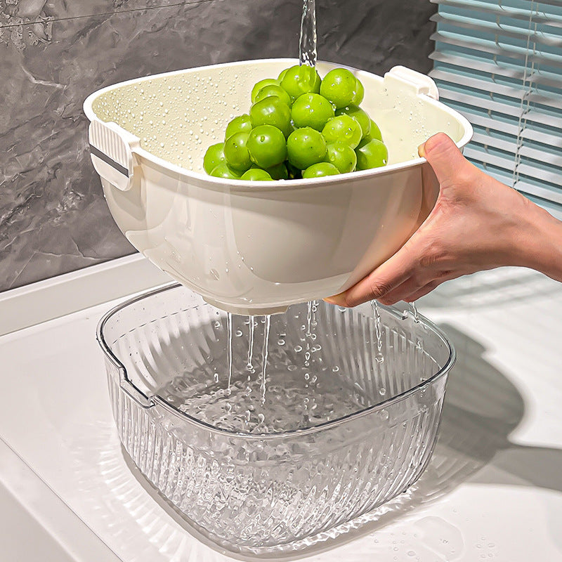 Double washbasin, drainage basket, kitchen supplies, household fruit bowl, living room, rice washing artifact, washing fruit and vegetable basket