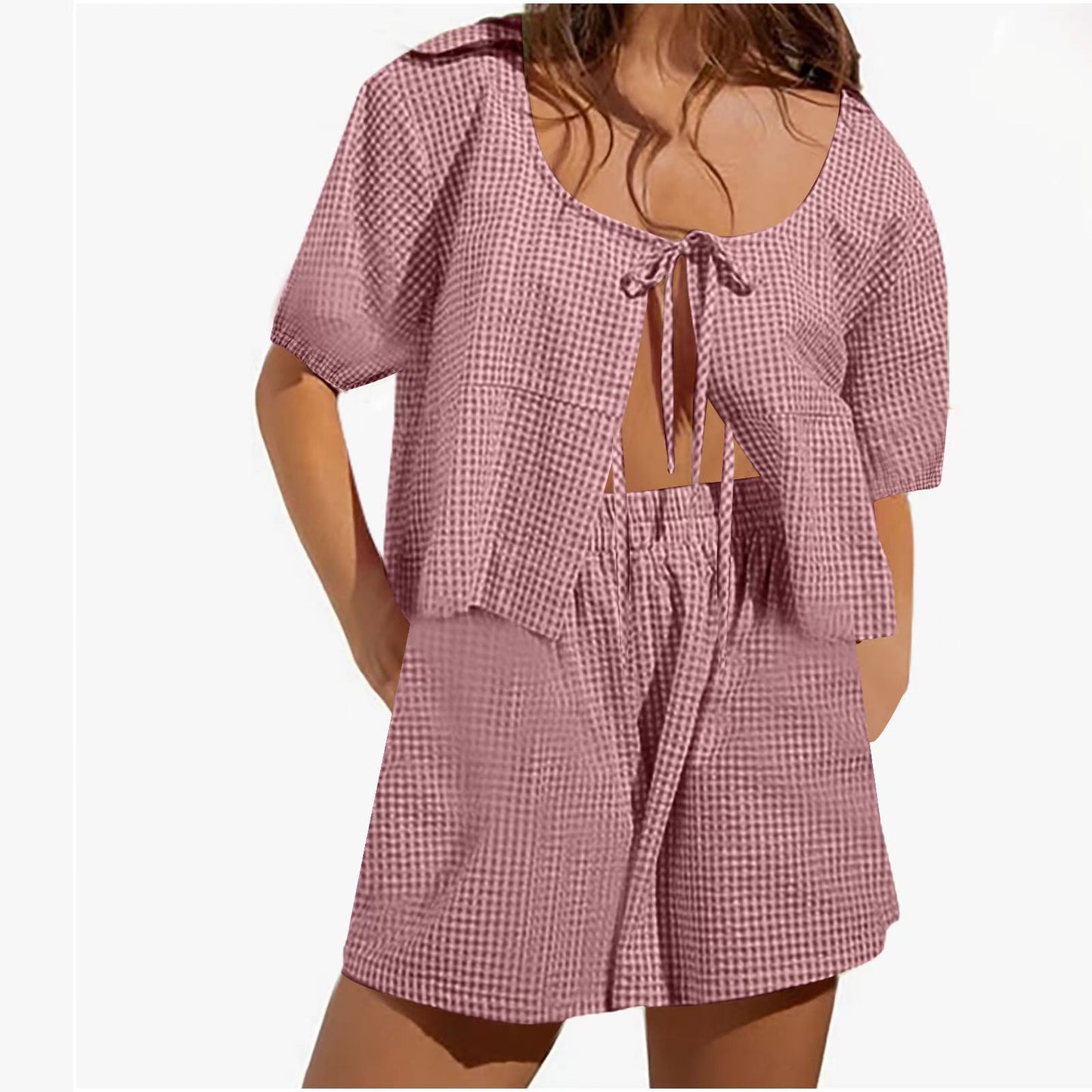 2024 Europe and America Foreign Trade Summer Lace-up Plaid Top Set Casual Loose High Waist Wide Leg Pants Women's Women's Short Sleeve