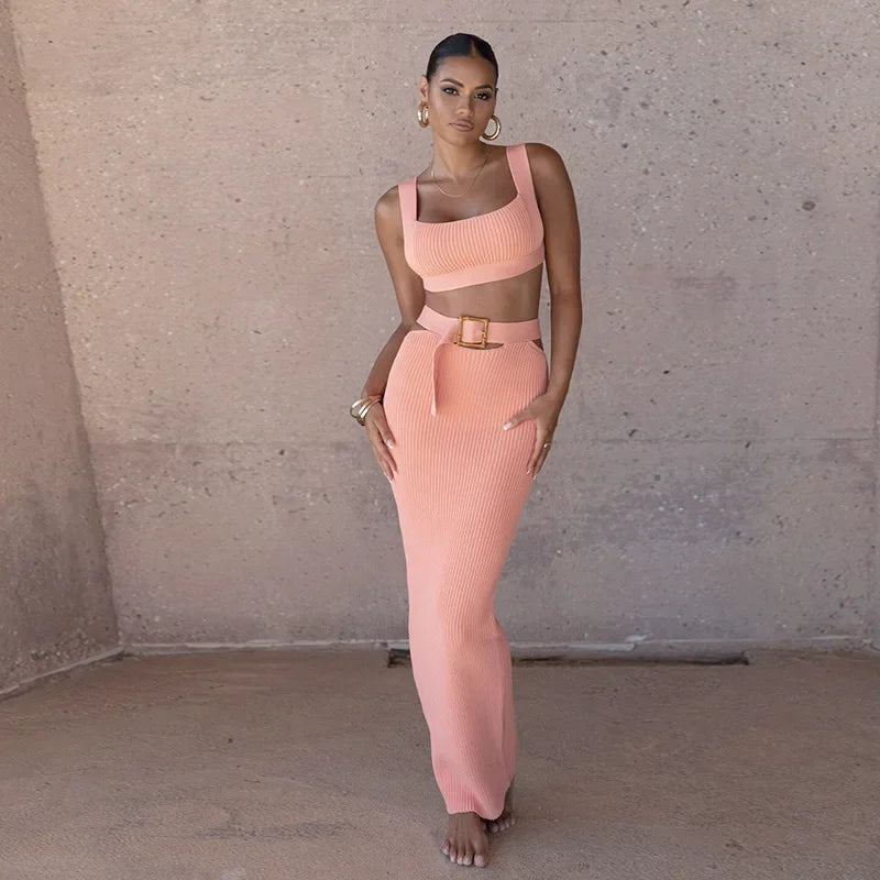 Temu long skirt casual two-piece set sexy hip slim suspender top belt temperament skirt set