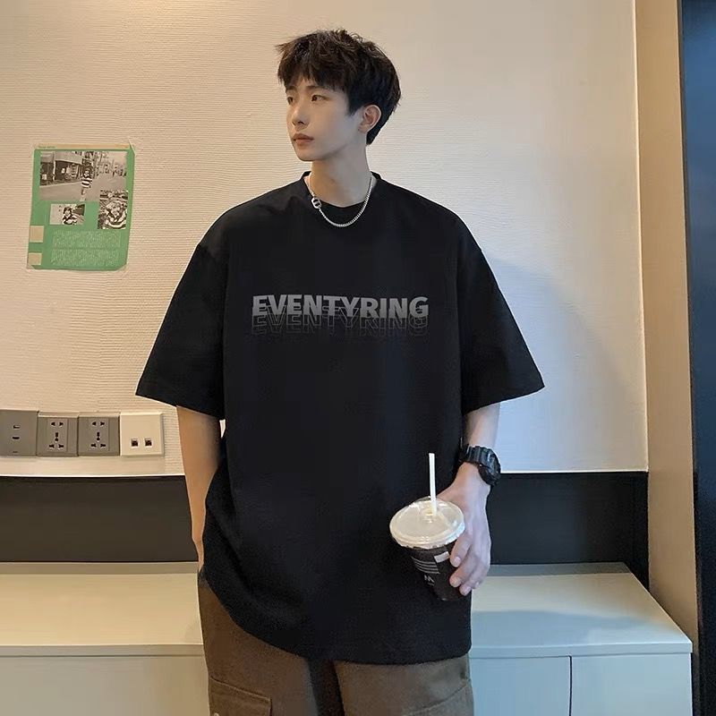 Trendy autumn men's short sleeve t-shirt men's cotton crew neck fat plus size fat loose short sleeve navy blue