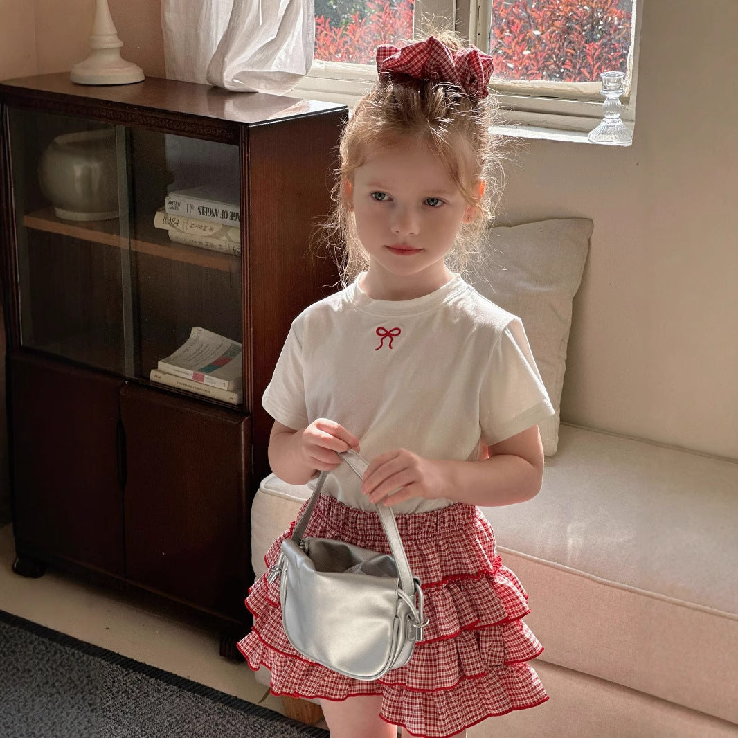 Girls' culottes and pants set 2025 summer new children's embroidered bow T-shirt baby plaid shorts two-piece set