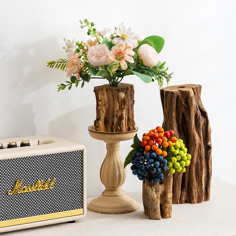 Chinese retro natural solid wood dried flower vase ornaments tea room dining table inserts simulated flower vase countertop decorations