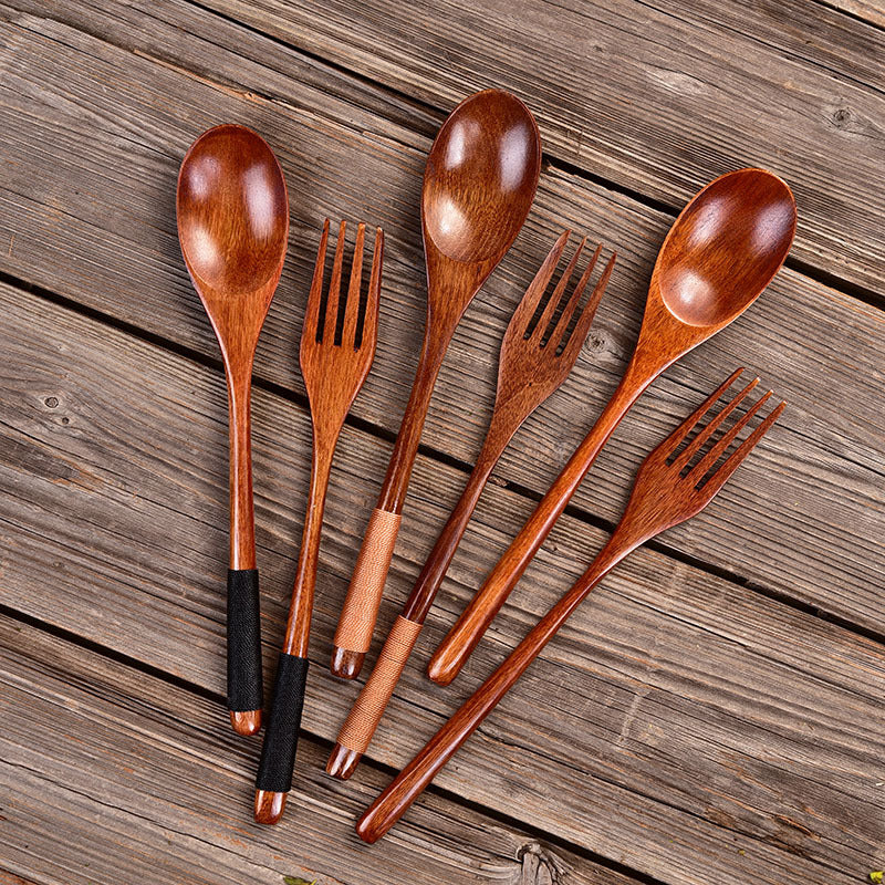 Japanese long handle wooden spoon, wooden fork set, winding thread, wooden soup, soup spoon, solid wood tableware 22.5 cm, factory wholesale
