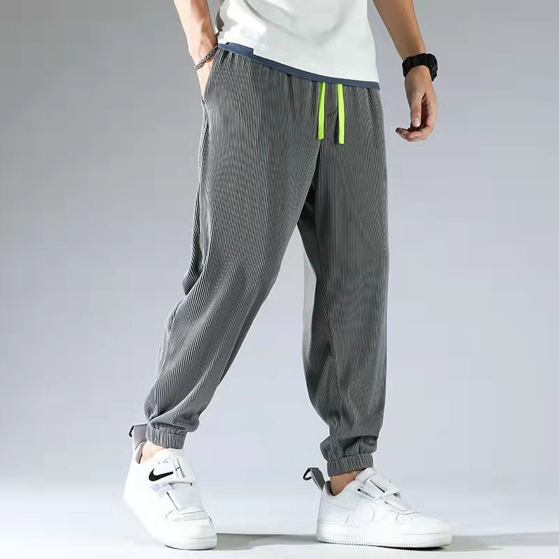 Casual pants men's summer ice silk stripe ultra-thin breathable sports stretch loose straight drape feeling wide-leg trousers