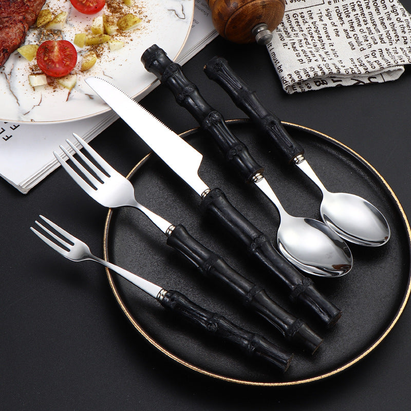 Cross Border Cutlery Set Natural Bamboo Handle Knife Fork Spoon Creative Stainless Steel Spoon Knife Fork Hotel Gift Set