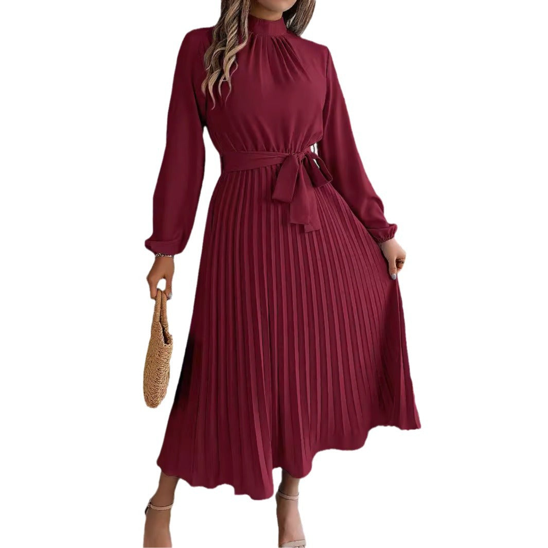 2024 Europe and the United States Fall/Winter Elegant Stand-up Collar Long Sleeve Cinched Waist Pleated Long Skirt Small Dress Amazon Cross-border Women's Wear