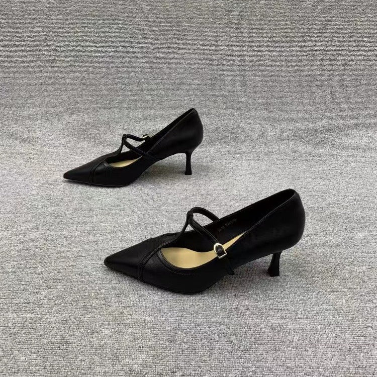 European station women's shoes 2023 autumn new European genuine leather shallow buckle pointed toe fashion high heels women's thin heels trend