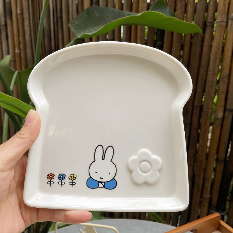 Soft and cute healing Miffy rabbit toast plate, cute rabbit toast shape ceramic plate, small flower flower Japanese dessert plate