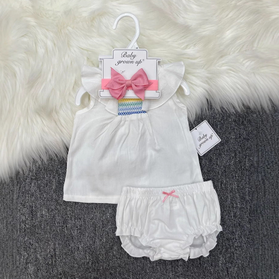 European and American INS baby girl summer bow headband small flying sleeve briefs set skirt manufacturer wholesale