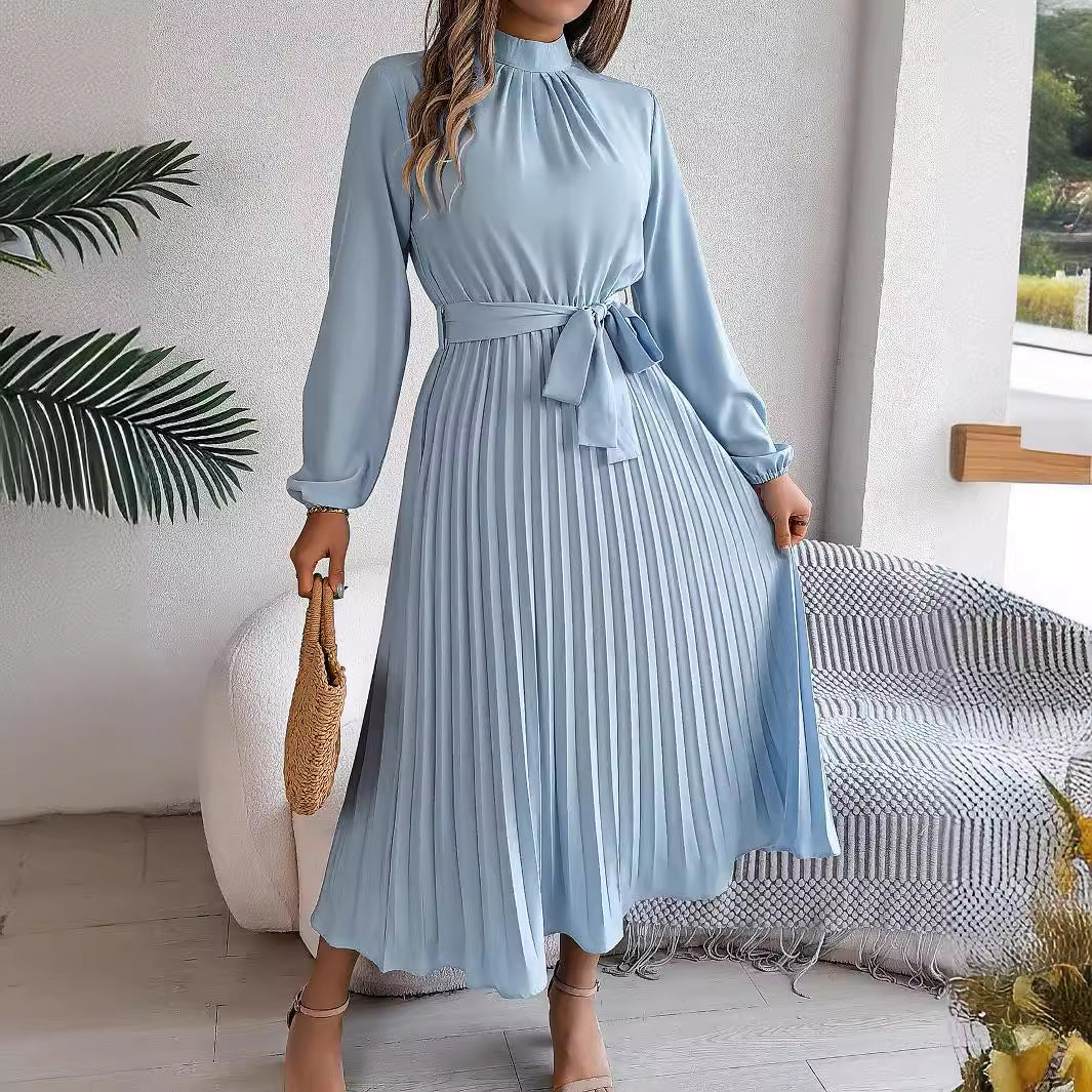 2024 Europe and the United States Fall/Winter Elegant Stand-up Collar Long Sleeve Cinched Waist Pleated Long Skirt Small Dress Amazon Cross-border Women's Wear