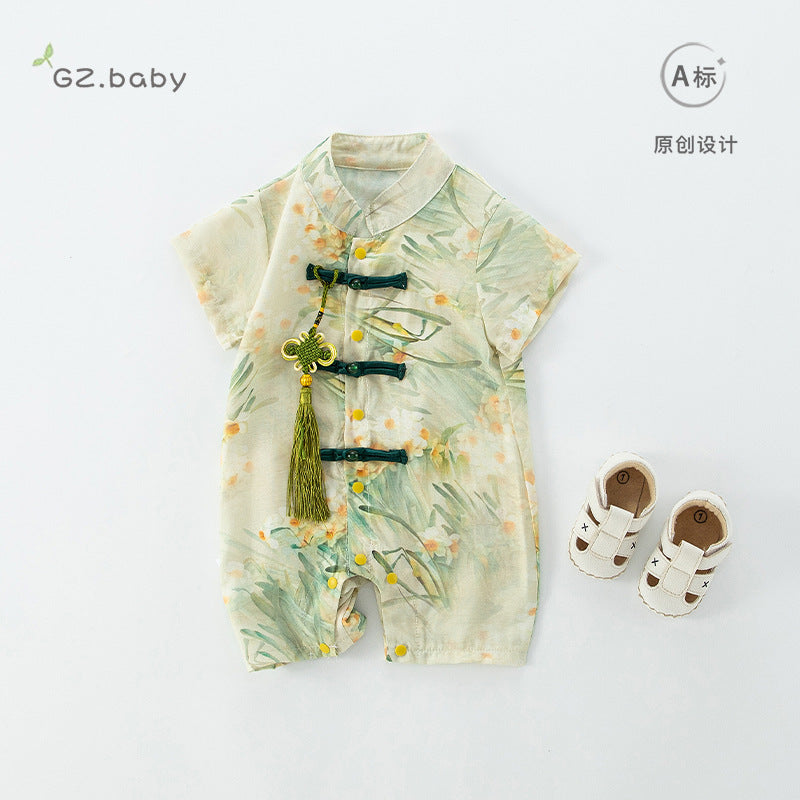 Baby clothes, summer clothes, one-piece clothes, thin clothes, crawling clothes, baby boys, Chinese style, full moon, Hanfu, send Chinese knots