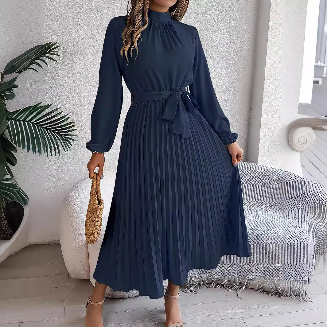 2024 Europe and the United States Fall/Winter Elegant Stand-up Collar Long Sleeve Cinched Waist Pleated Long Skirt Small Dress Amazon Cross-border Women's Wear