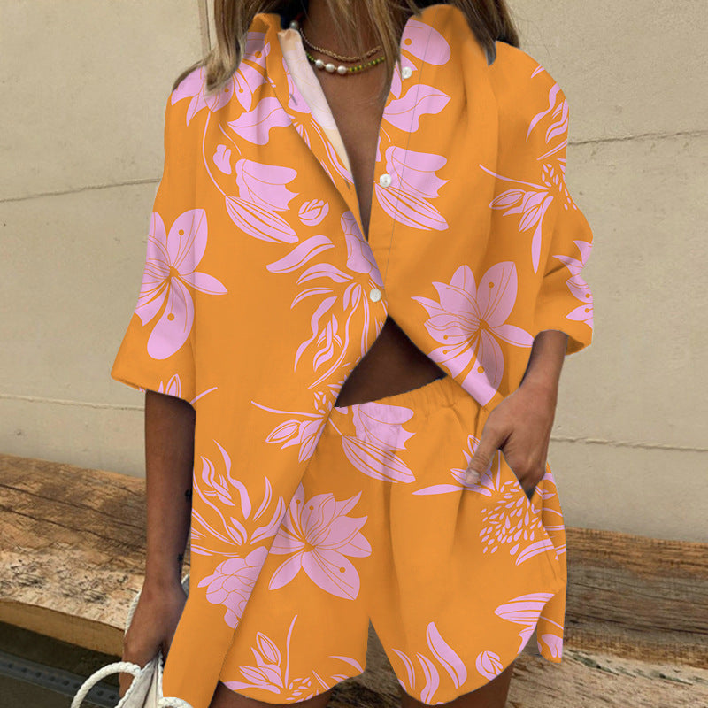 2023 European and American new women's cross-border lapel short-sleeved printed shirt two-piece set wide-leg elasticated waist pants shorts