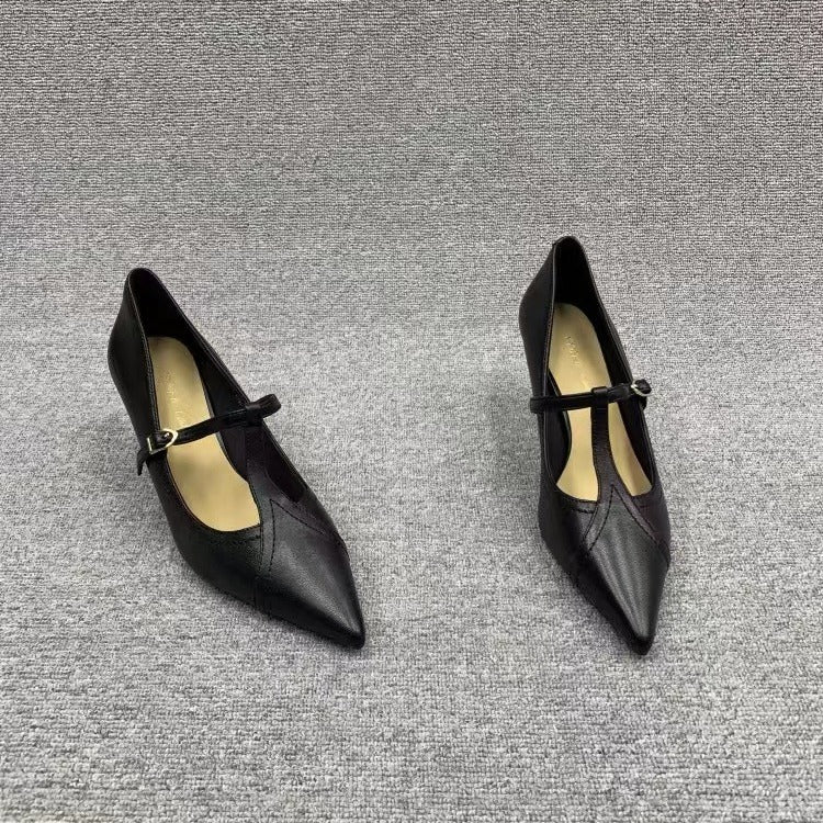 European station women's shoes 2023 autumn new European genuine leather shallow buckle pointed toe fashion high heels women's thin heels trend
