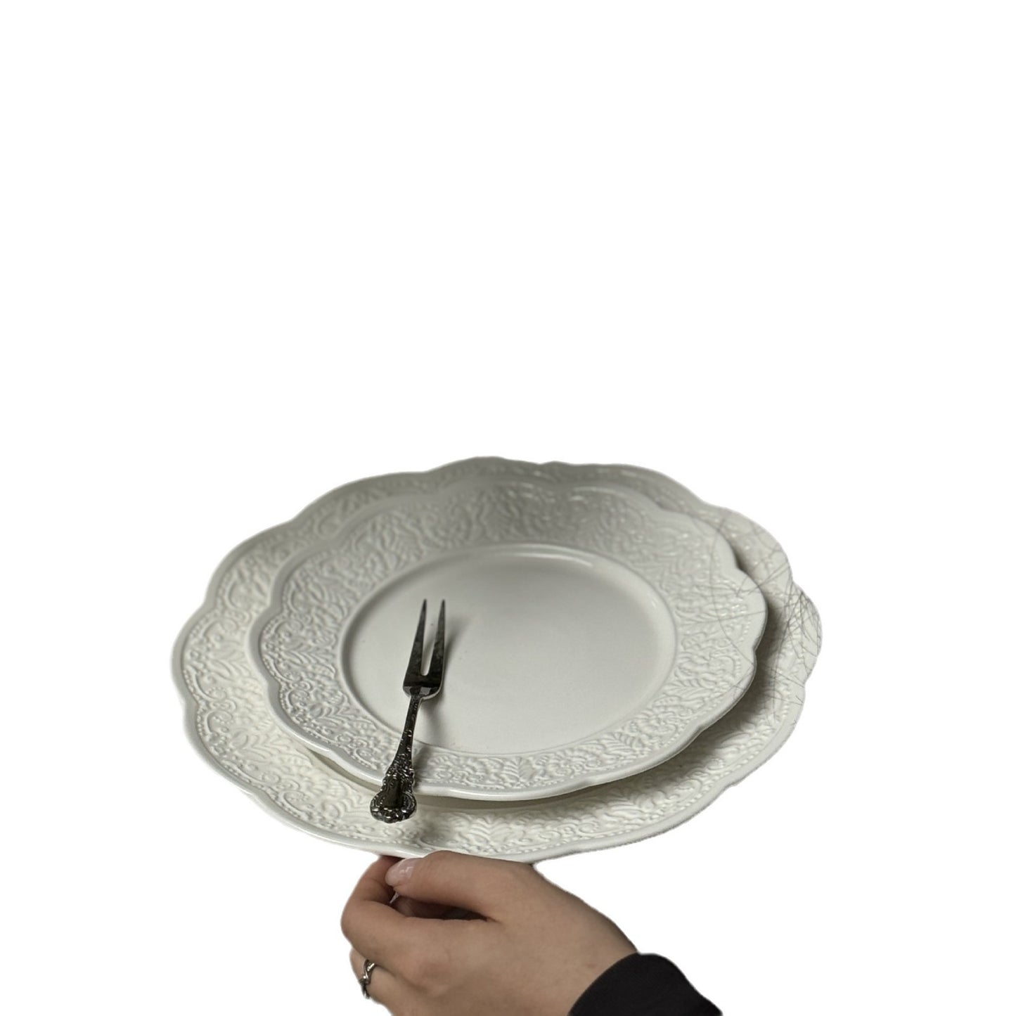 French vintage petal edge embossed ceramic pure white tableware dessert breakfast salad dinner plate coffee cup saucer