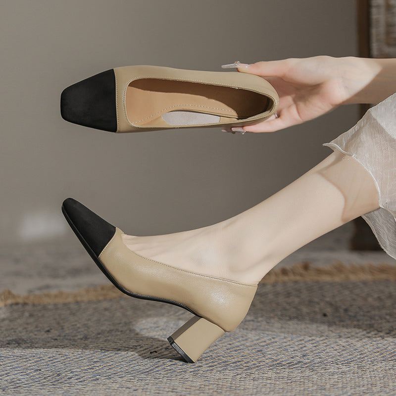 Sheepskin color-blocking small fragrance style thick heel single shoes women's medium heel pumps French high heels plus size women's shoes 41 to 43