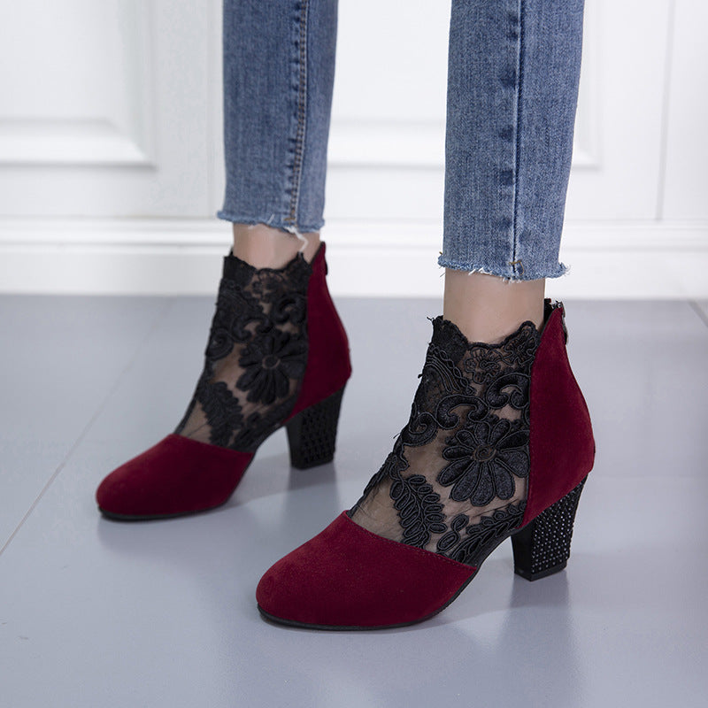 Lace mesh high heeled sandals women's amazon foreign trade plus size european and american fashion round toe block heel roman sandals wholesale