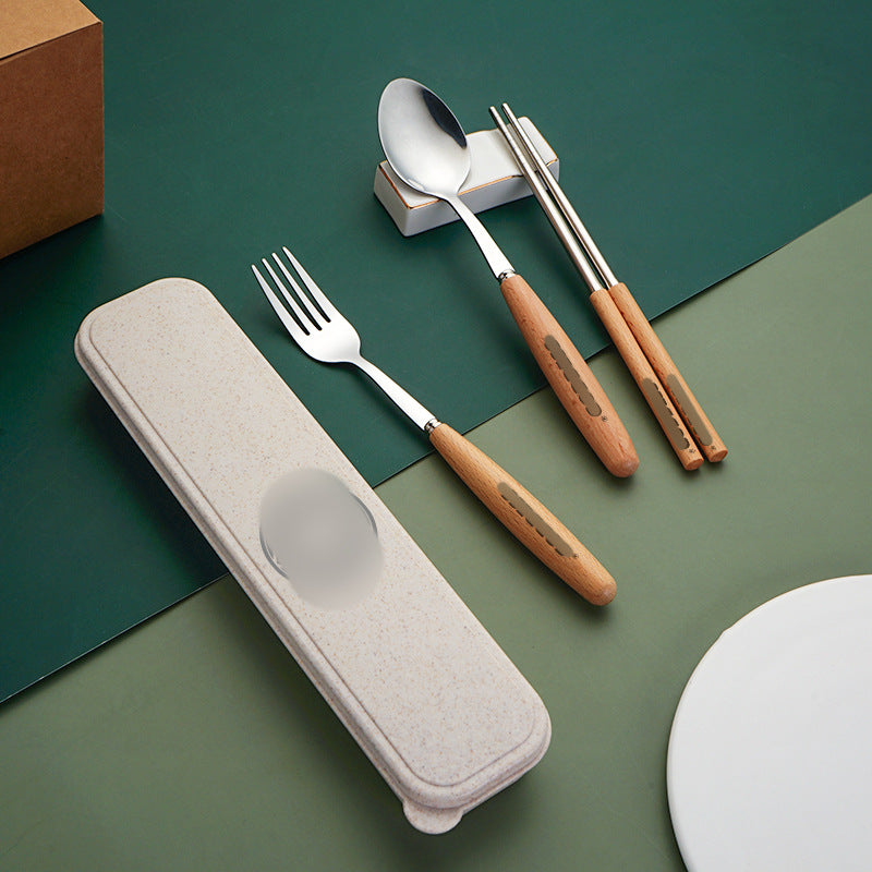 Creative Japanese Wooden Handle Tableware, Stainless Steel Spoon, Fork, Chopsticks Three-Piece Set Starba Goddess Portable Cloth Bag Set Hot Sale