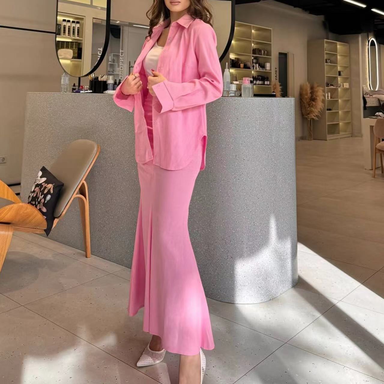 2024 cross-border foreign trade new women's fashion suit, solid color linen cotton fabric lapel top, long skirt