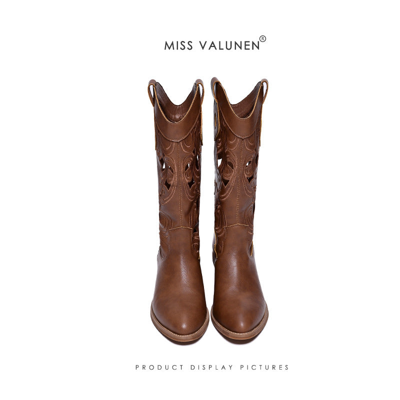 Miss Valunen boots summer cut-out western cowboy boots women's vintage embroidery boots