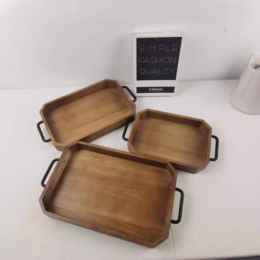 Vintage Rectangular Solid Wood Tray Iron Handle Home Afternoon Tea Snack Plate Coffee Plate Bread Fruit Display Plate