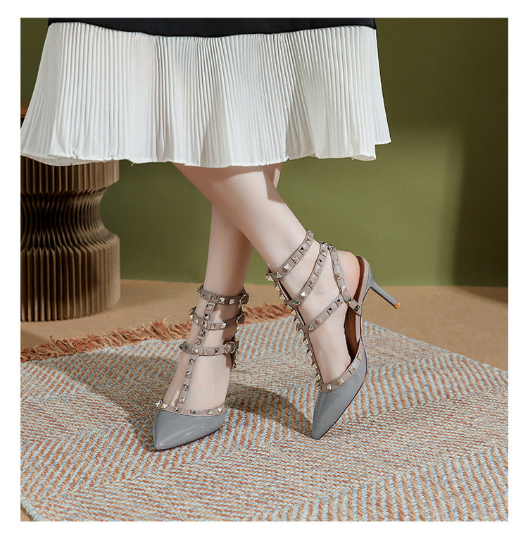 High version studded pointed-toe high heels summer 2025 European and American sexy willow ding stiletto heel three-ring strappy sandals women