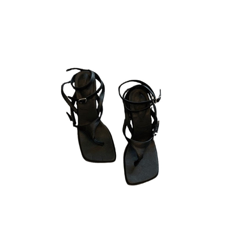 Roman square toe clip foot herringbone high heel sandals women's 2025 new summer block heel straight buckle strap clip toe women's shoes