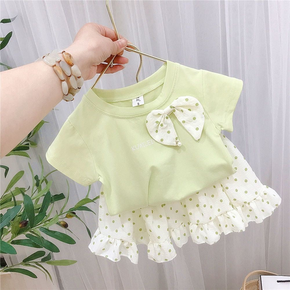 Summer girls children's short-sleeved T-shirt top + polka dot skirt two-piece children's foreign style T-shirt suit