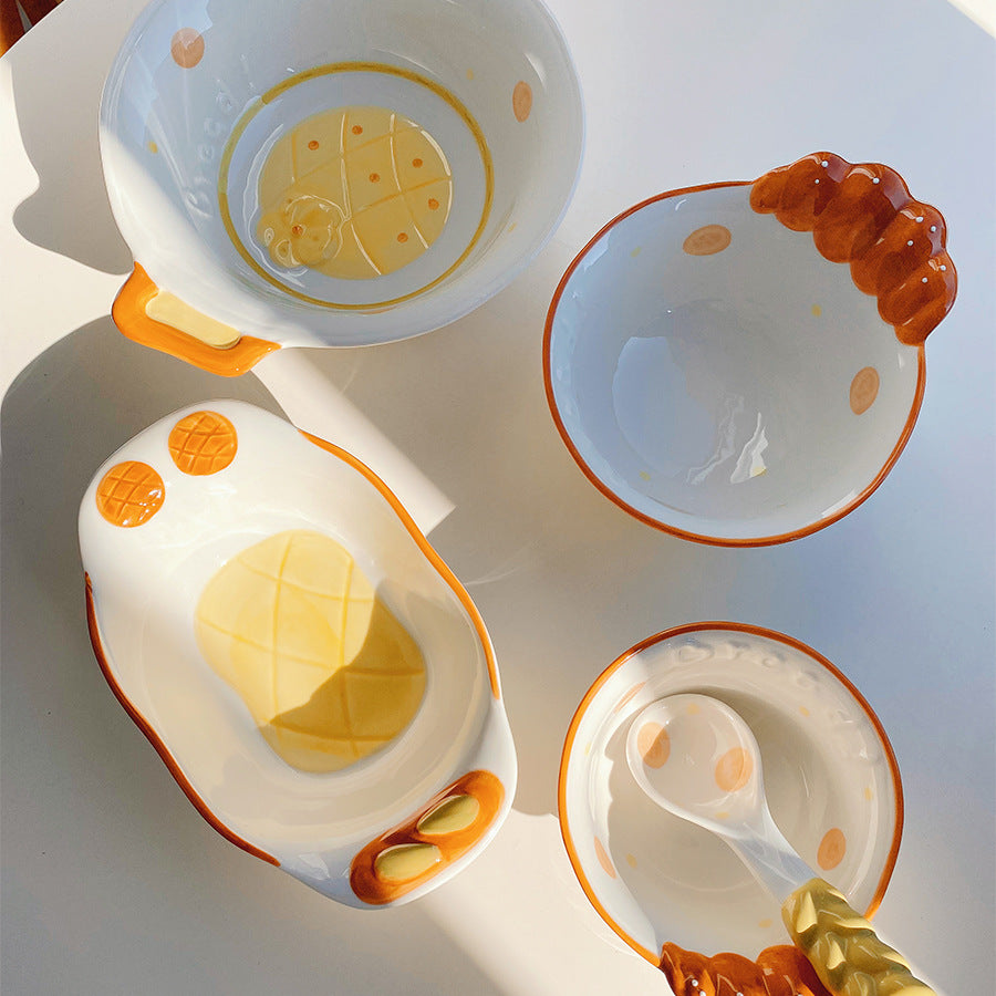 Cute bread, ceramic tableware, home bowl, dessert cookie, bread, high value round plate, rice bowl, spoon, plate