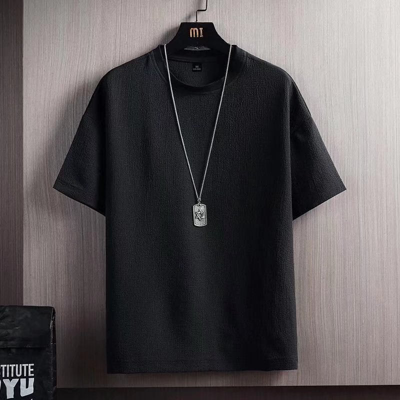 Summer new half sleeve shirt cotton linen short sleeve t-shirt men's solid color loose base shirt white five-quarter sleeves