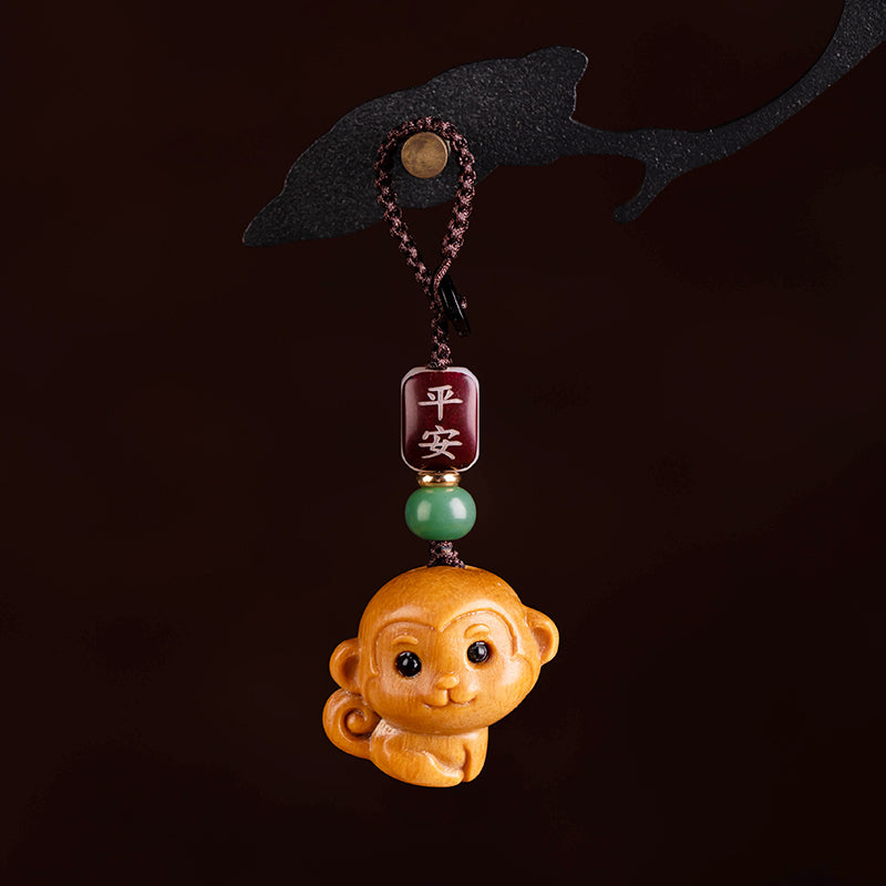 Sandalwood zodiac monkey car keychain pendant delicate and cute safe mobile phone chain pendant male and female couple little monkey gold