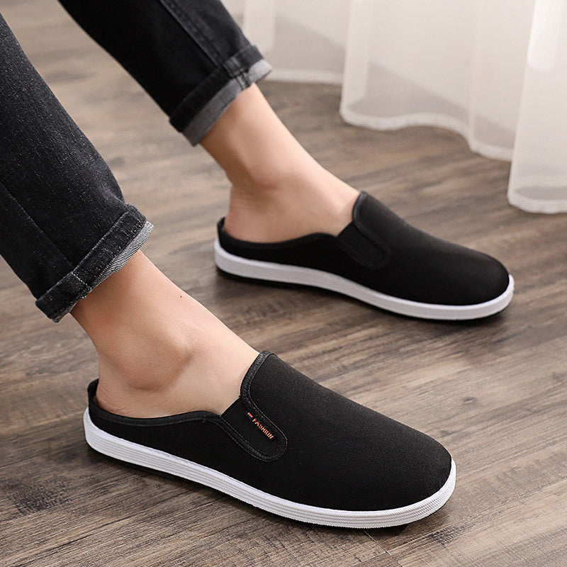 Old Beijing cloth slippers men's casual breathable and comfortable soft-soled canvas shoes, one-footed heelless toe toe half-support men's shoes